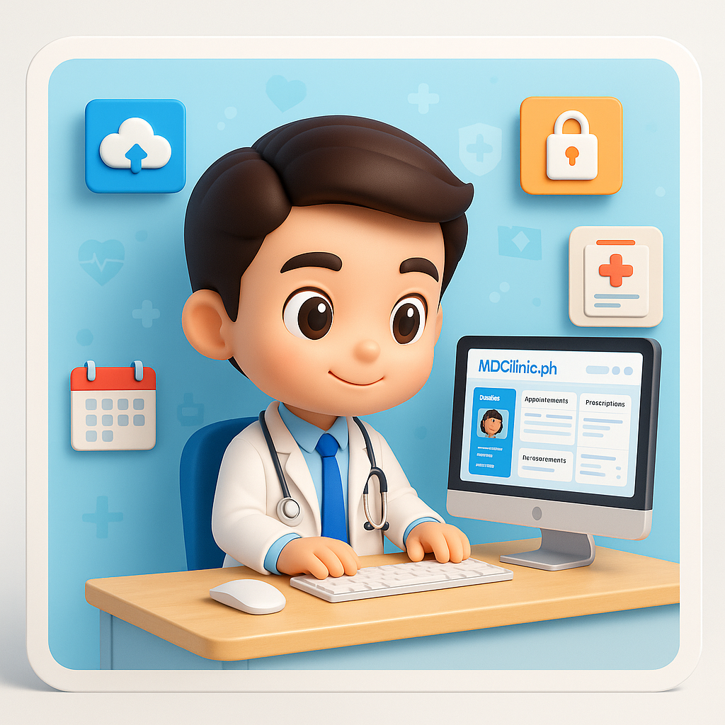Filipino doctor using MDClinic.ph cloud-based EHR system on a tablet